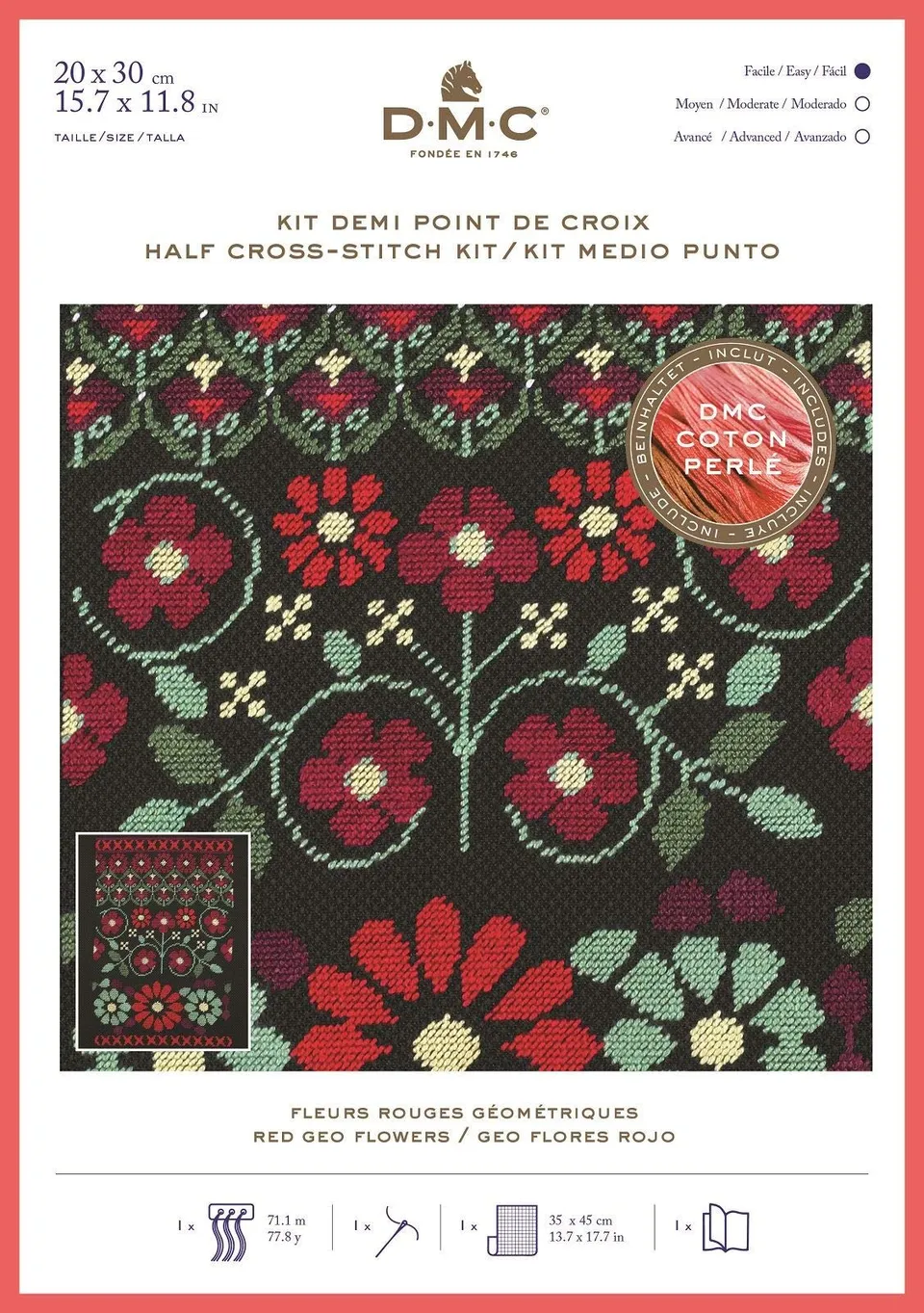 dmc-bk1784-kreuzstichset-rote-geo-blumen-14ct-aida image 1
