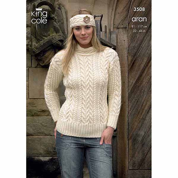 king-cole-3508-anleitung-pullover-cardigan-stirnband-aran image 1