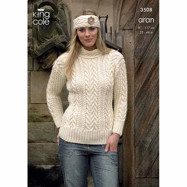 king-cole-3508-anleitung-pullover-cardigan-stirnband-aran image 1