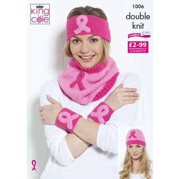 king-cole-pink-ribbon-set-strickanleitung-stirnband-loop-dk image 1